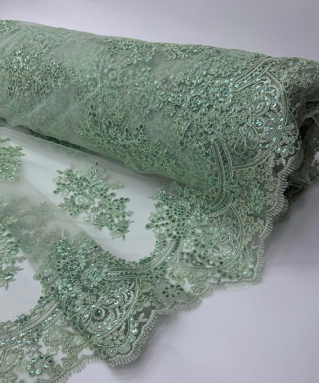 Sage Green Floral Lace by the Yard, Embroidered Sage Green Lace Fabric with Sequins, Sage Lace Embroidery with Sequins on Mesh Lace Fabric