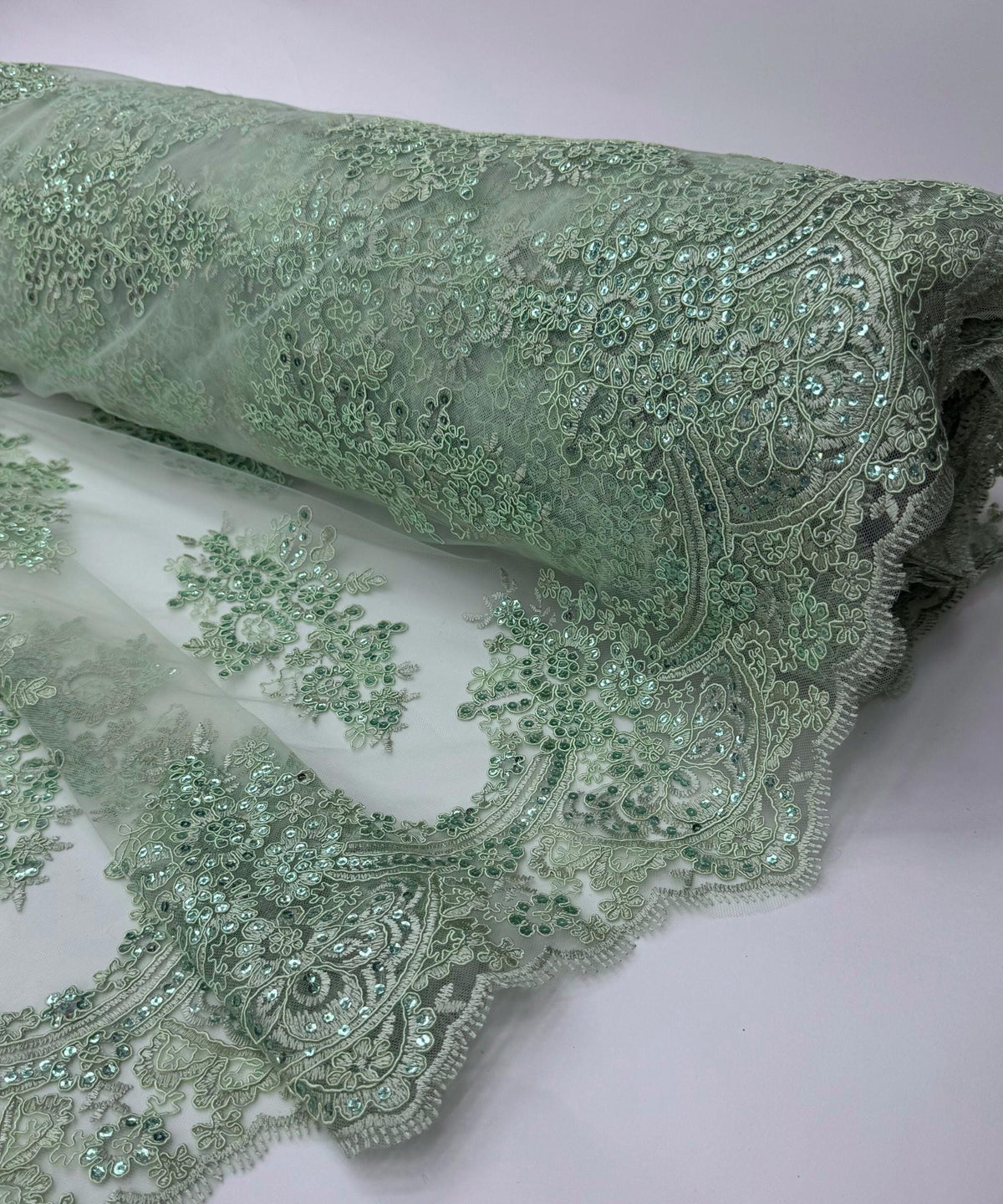 Sage Green Floral Lace by the Yard, Embroidered Sage Green Lace Fabric with Sequins, Sage Lace Embroidery with Sequins on Mesh Lace Fabric