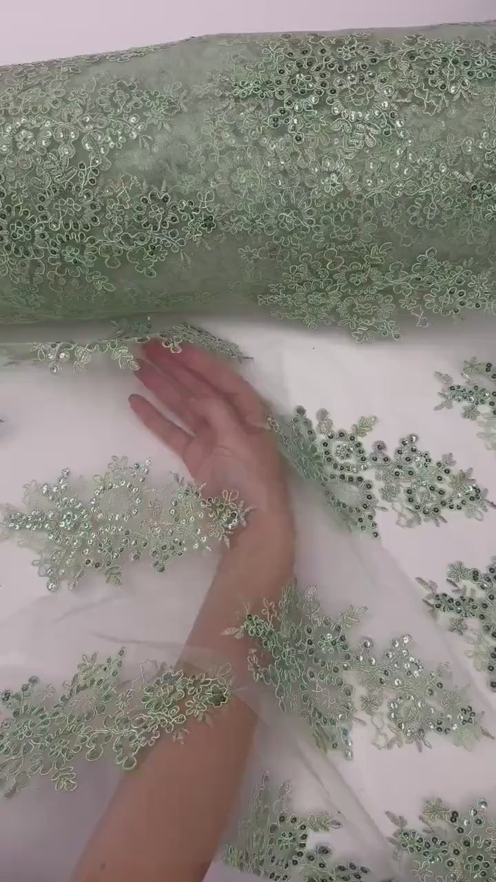 Sage Green Floral Lace by the Yard, Embroidered Sage Green Lace Fabric with Sequins, Sage Lace Embroidery with Sequins on Mesh Lace Fabric
