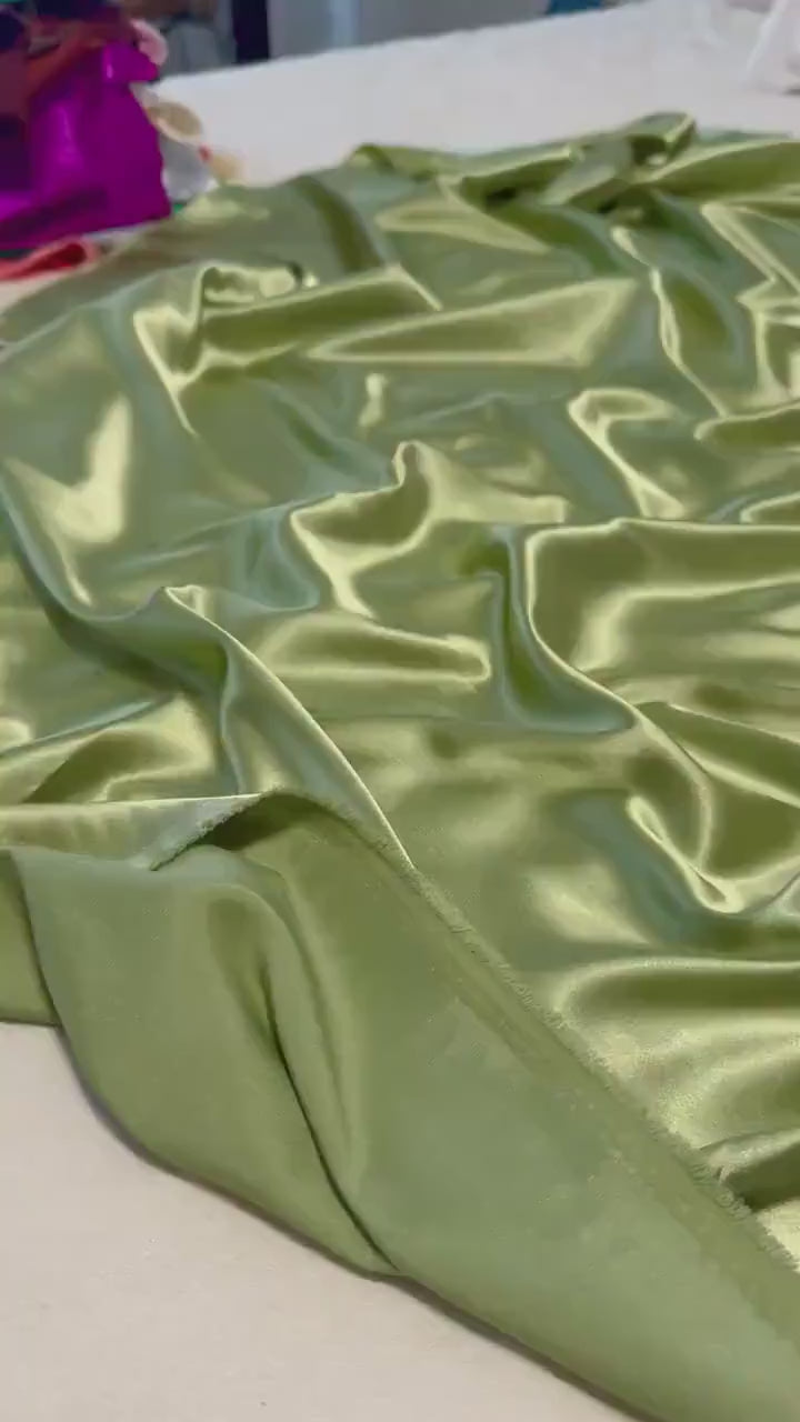 Sage Green Silky Stretch Satin Fabric by the Yard, Sage Green Stretch Charmeuse Fabric for Wedding Gowns, Bridesmaid Dresses, Silky Dress