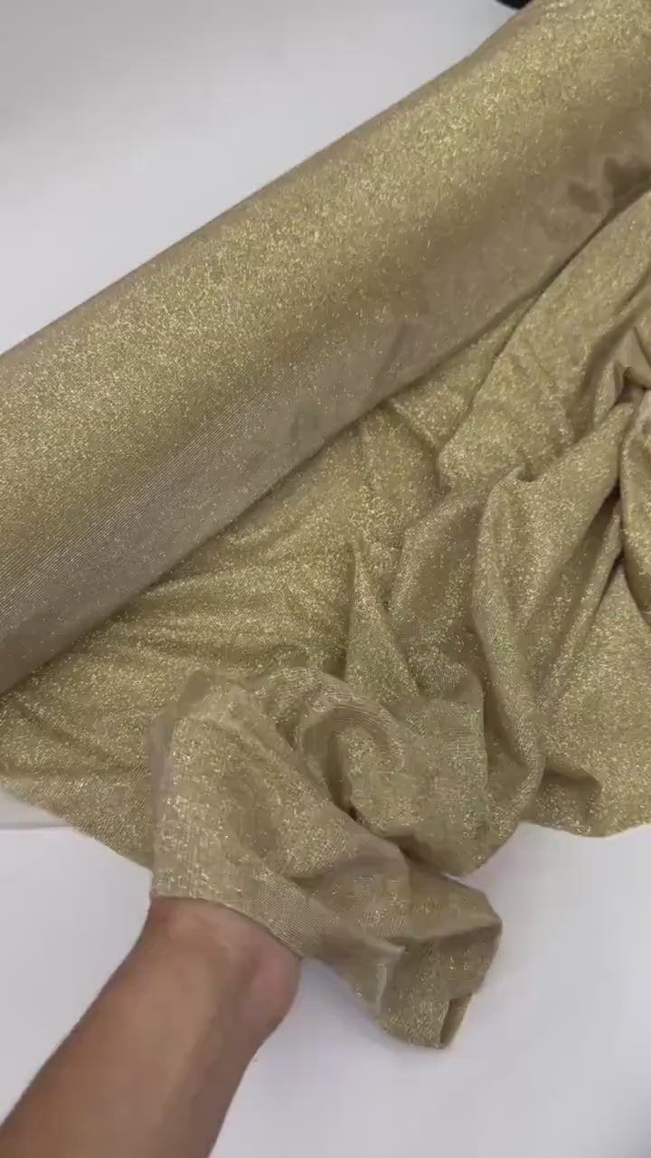 Gold Metallic Lurex Glitter Fabric, Gold Glitter Spandex Knit Fabric by the Yard, Sparkle Gold Shimmer Fabric for Evening Gowns, Backdrops