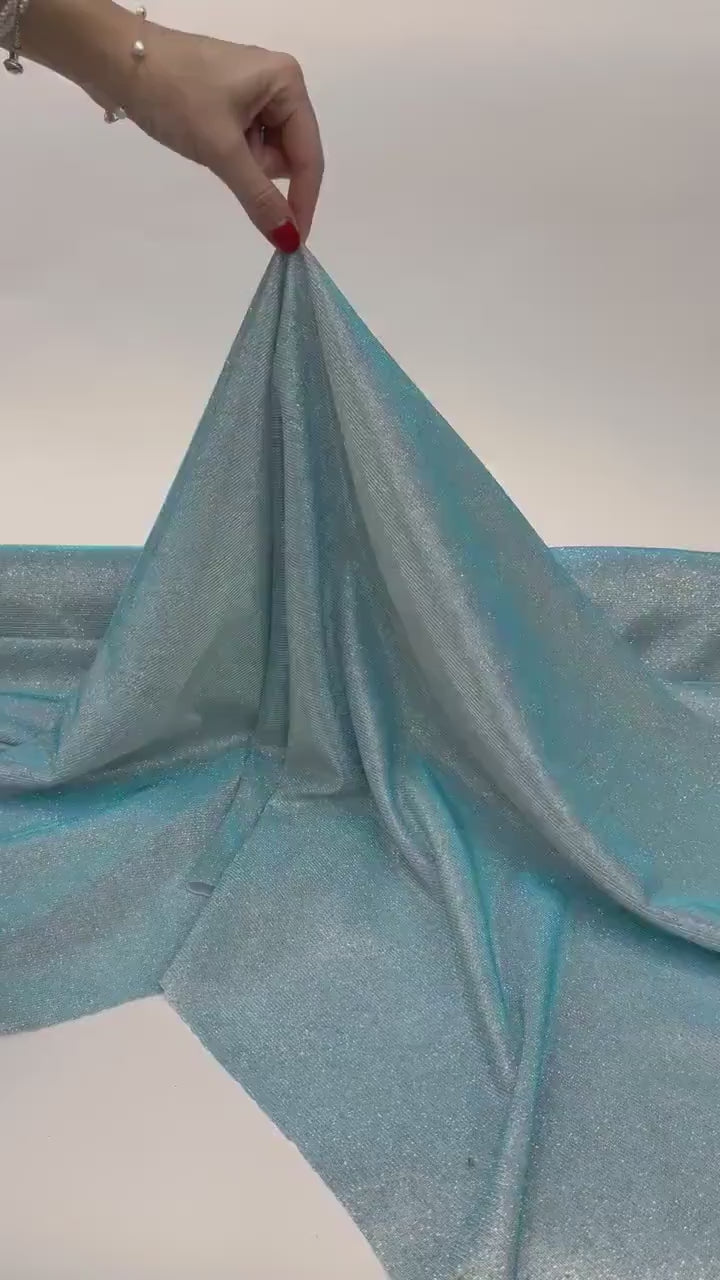 Aqua Blue Metallic Lurex Glitter Fabric, Aqua Glitter Spandex Knit Fabric by the Yard, Sparkle Aqua Blue Shimmer Fabric for Evening Gowns